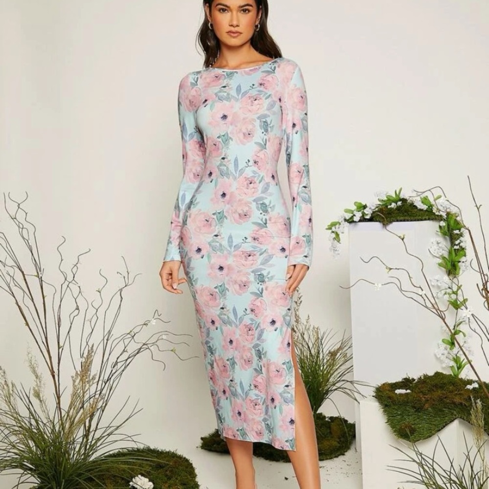 Shein/ Floral Print Maxi Lace Up Back Split Thigh Dress